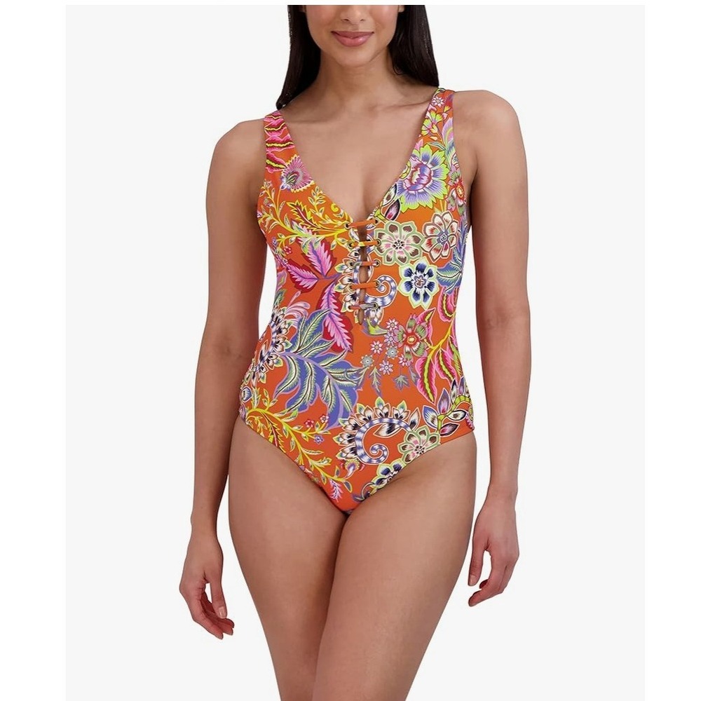 BCBGMaxAzria Orange Floral One Piece Lace Up Tummy Control Swimsuit‎ Womens XL
